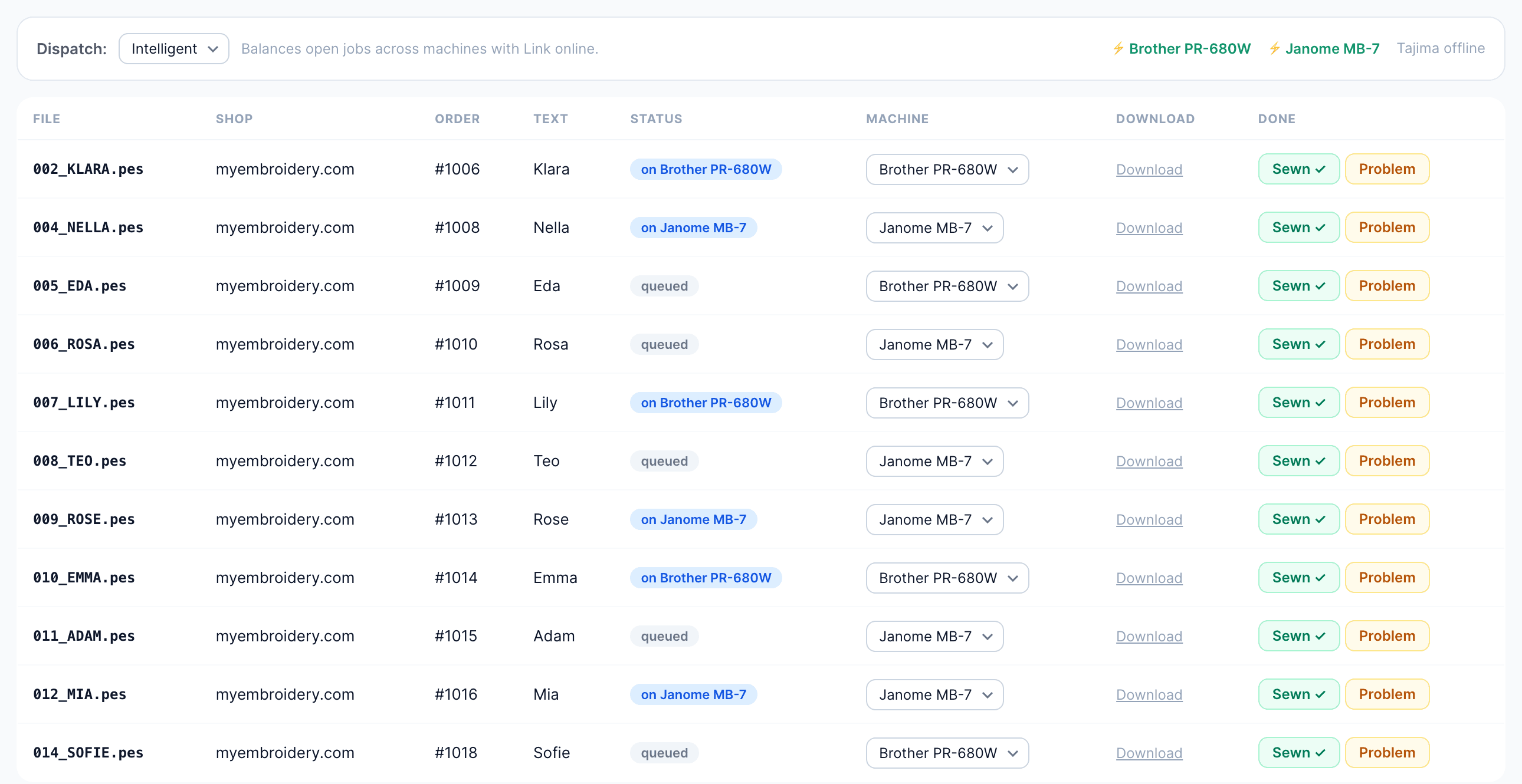 TrueStitch Cloud production queue — orders, machine assignment, send and sewn tracking