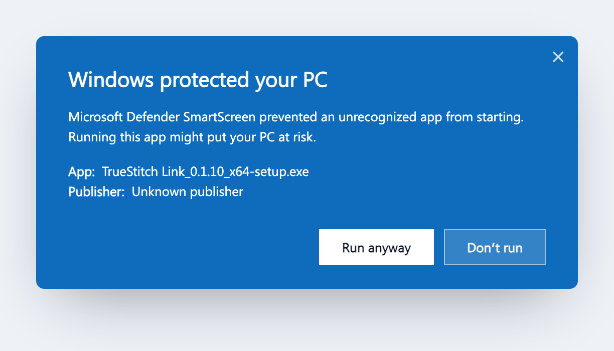 Windows SmartScreen expanded — click Run anyway